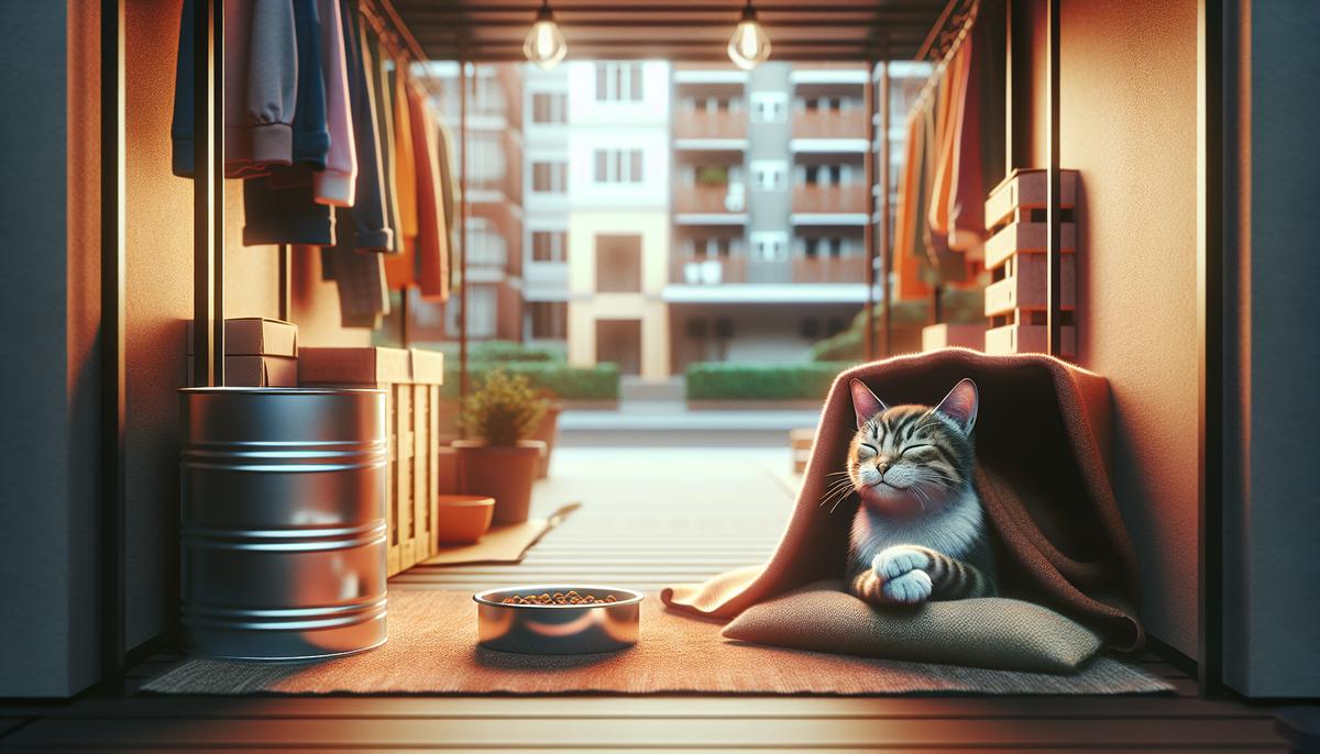 Кошка в тёплом укрытии возле подъезда, рядом лежит миска корма