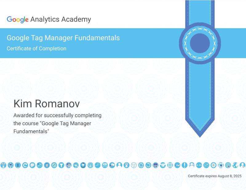 Kim Romanov is Google Tag Manager Fundamentals Certified Specialist
