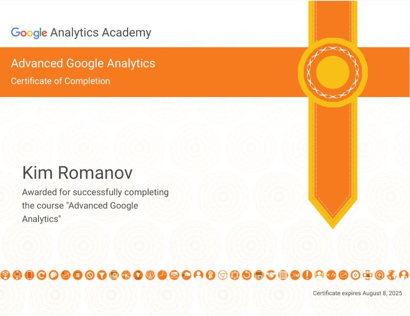 Kim Romanov is Advanced Google Analytics Certified Specialist